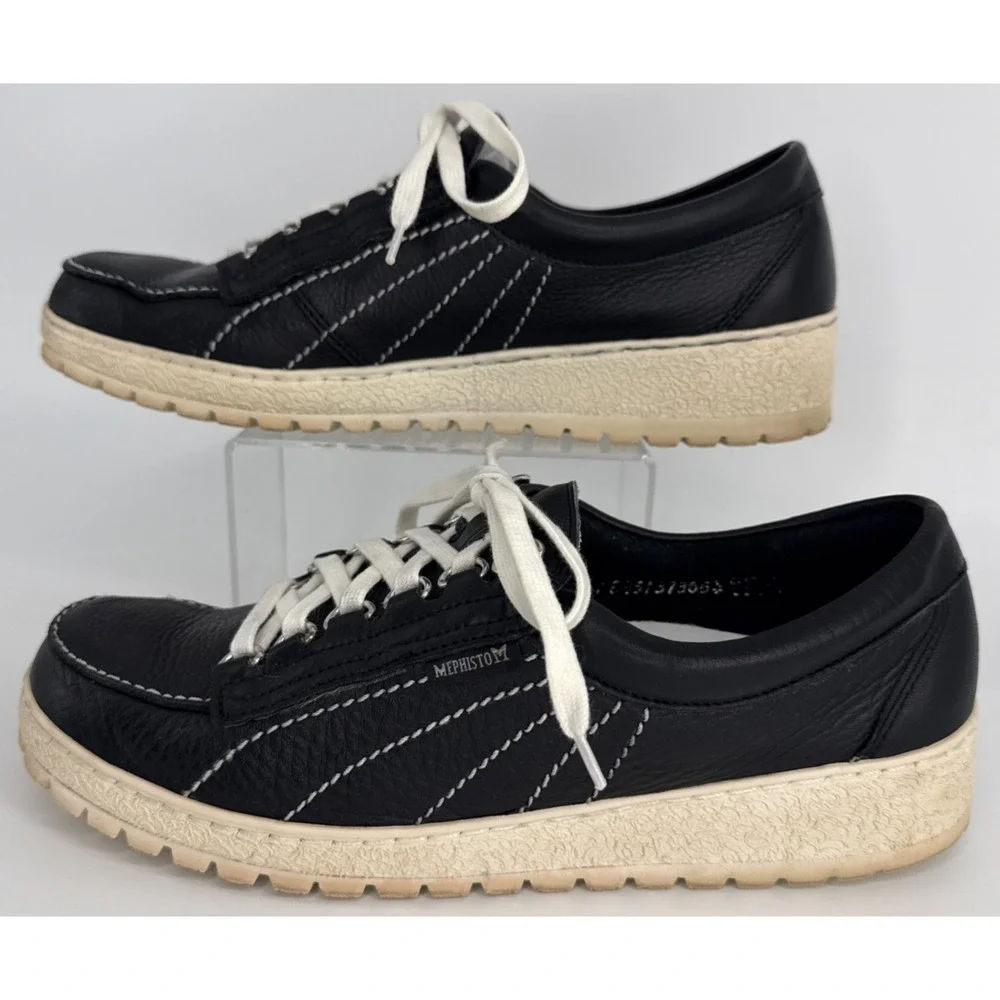 Mephisto Original Boat Shoe Women's 10.5 Black‎ Leather Cream Lug Sole Portugal